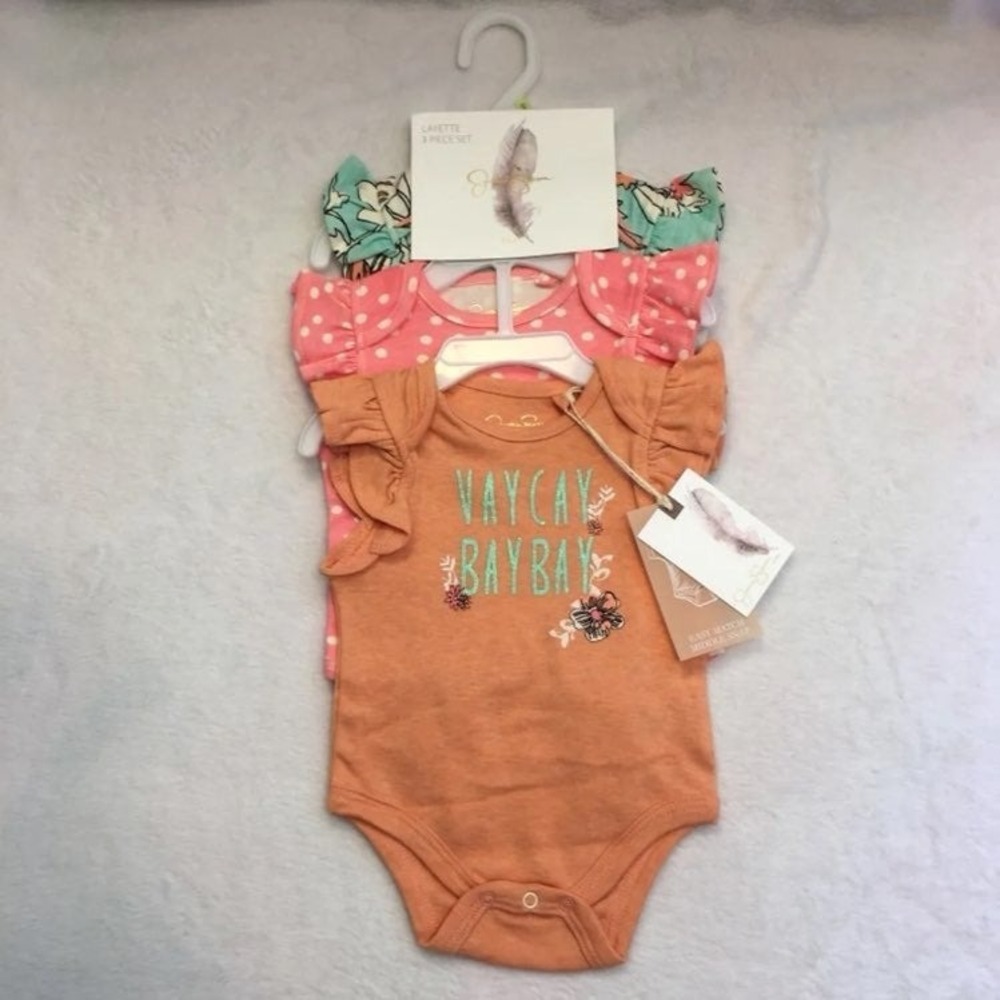 Jessica Simpson Bodysuit Set Baby 0-3M Orange Pink Mint New 3pc Ruffle Sleeve